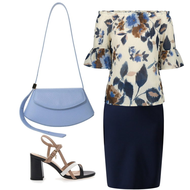 Outfit donna - Borsa a semiluna. Stile Basic per Ufficio. Abbinamento con gonne, borse a spalla, bluse, sandali col tacco.