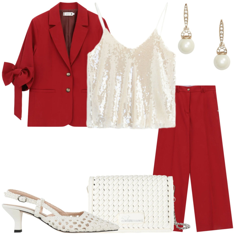 Outfit donna - Bianco Rosso e .... Stile Glamour per Cerimonia. Abbinamento con décolleté, borse a tracolla, pantaloni a palazzo, blazer, orecchini, top.