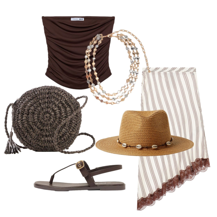 Outfit donna - Luglio. Stile Glamour per Tutti i giorni. Abbinamento con borse a tracolla, sandali, cappelli, top, gonne longuette, collane.