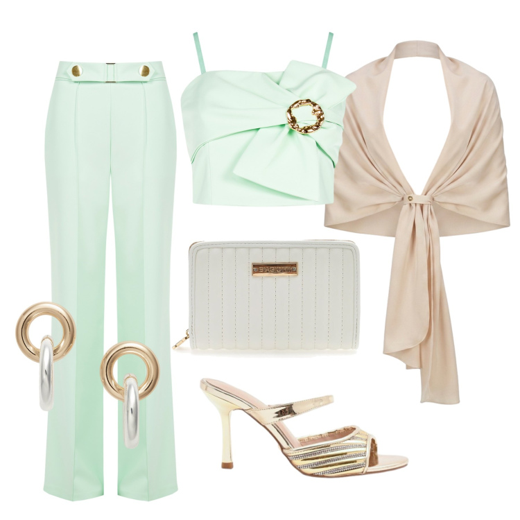 Outfit donna - Luglio. Stile Glamour per Cerimonia. Abbinamento con sabot, top, pantaloni, stole, orecchini, portafogli.