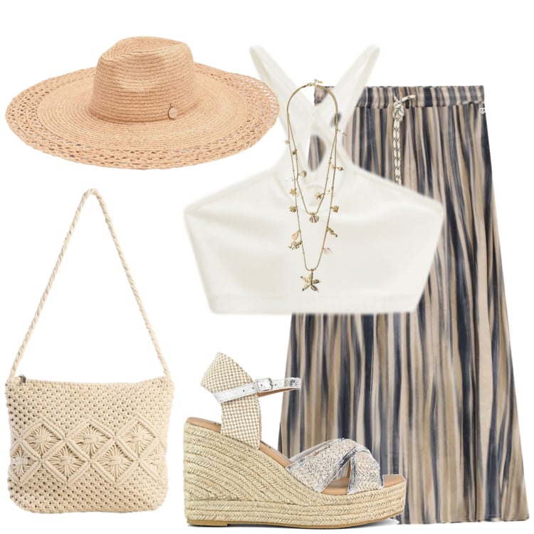 Outfit donna - Sogno d\'Estate. Stile Boho per Tutti i giorni. Abbinamento con borse a tracolla, top, collane, cappelli, gonne lunghe, zeppe.