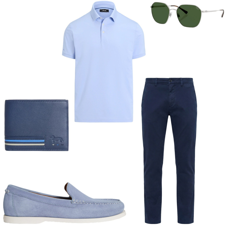 Outfit uomo - Aperitivo al tramonto. Stile Casual per Serata speciale. Abbinamento con portafogli, pantaloni chino, occhiali da sole, scarpe stringate, polo.