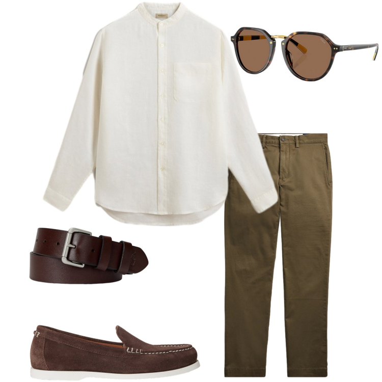 Outfit uomo - Aperitivo al tramonto. Stile Trendy per Serata speciale. Abbinamento con camicie, cinture, occhiali da sole, pantaloni, scarpe stringate.