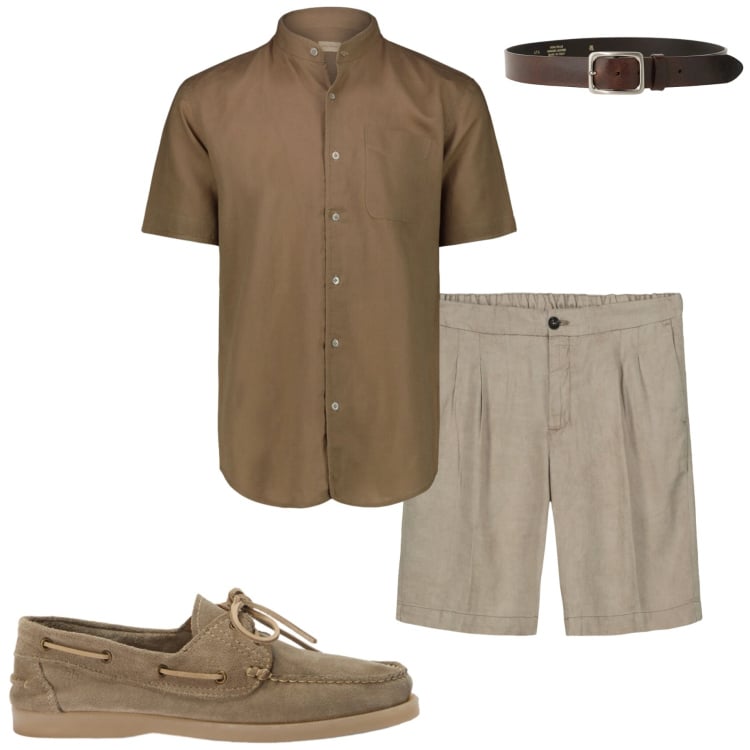 Outfit uomo - Colori mediterranei. Stile Casual per Tutti i giorni. Abbinamento con scarpe stringate, camicie a manica corta, bermuda, cinture.
