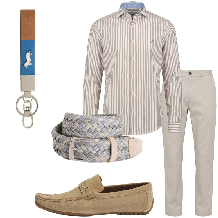 Outfit uomo - Aperitivo al tramonto. Stile Trendy per Serata speciale. Abbinamento con camicie, pantaloni, cinture, portachiavi, scarpe stringate.