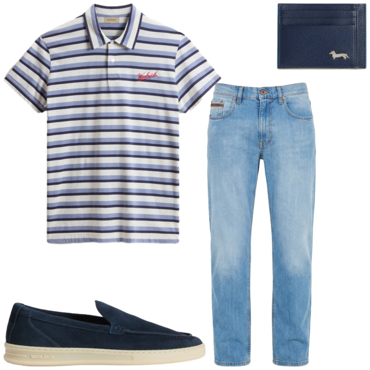 Outfit uomo - Polo protagonista. Stile Casual per Ufficio. Abbinamento con jeans, portafogli, scarpe stringate, polo.