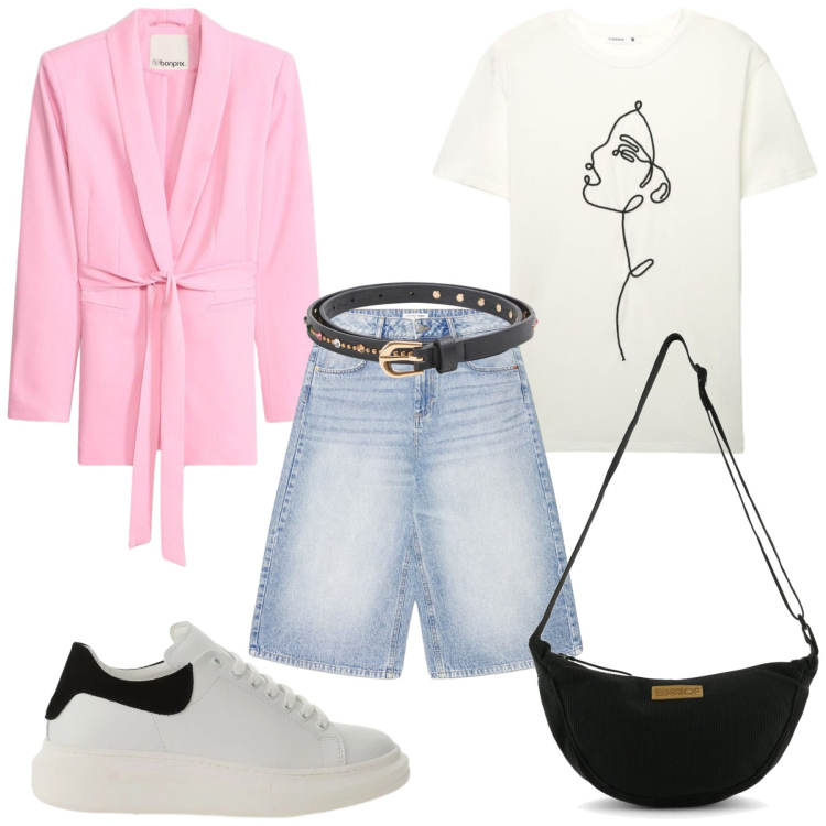 Outfit donna - Total look #2431838. Stile Casual per Tutti i giorni. Abbinamento con blazer, pantaloni corti, cinture, t-shirt, sneakers, borse a tracolla.