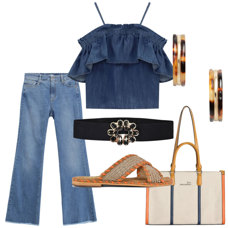 Outfit donna - Total look #2431840. Stile Casual chic per Serata fuori. Abbinamento con borse tote, top, jeans, orecchini, cinture, ciabatte.