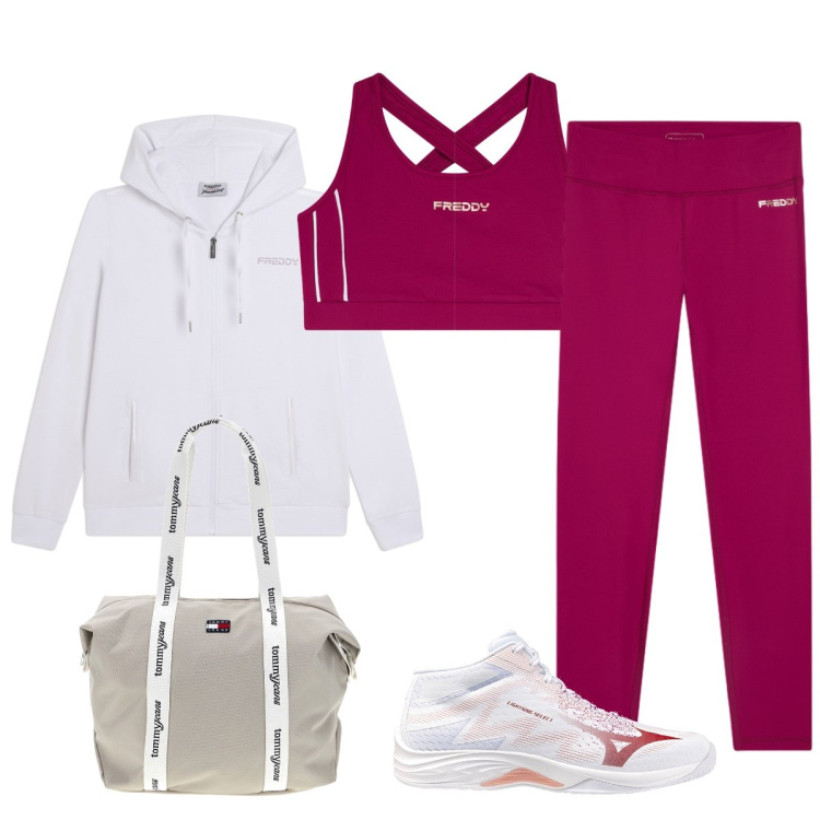Outfit donna - Sportiva in città. Stile Casual chic per Tutti i giorni. Abbinamento con felpe con cappuccio, top, leggings, sneakers, shopping bag.