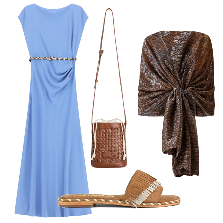 Outfit donna - Total look #2431842. Stile Chic per Serata fuori. Abbinamento con stole, vestiti midi/longuette, borse a secchiello, ciabatte.