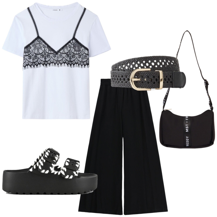 Outfit donna - Total look #2431843. Stile Basic per Tutti i giorni. Abbinamento con cinture, t-shirt, borse a tracolla, pantaloni, ciabatte.