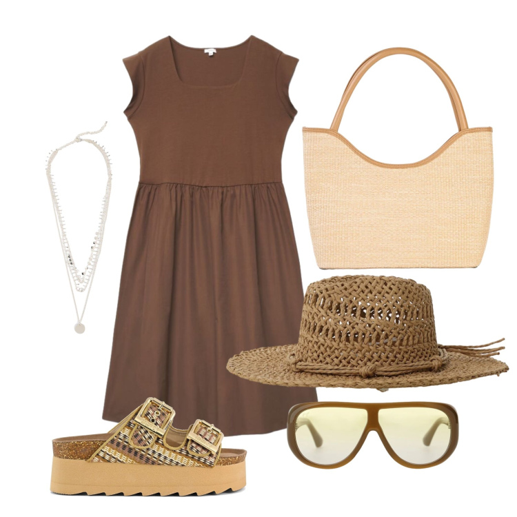 Outfit donna - Luglio. Stile Basic per Tutti i giorni. Abbinamento con shopping bag, collane, vestiti corti, occhiali da sole, cappelli, sandali.