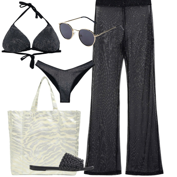 Outfit donna - Light black. Stile Casual chic per Mare. Abbinamento con occhiali da sole, vestiti da spiaggia, shopping bag, bikini, bikini, ciabatte.