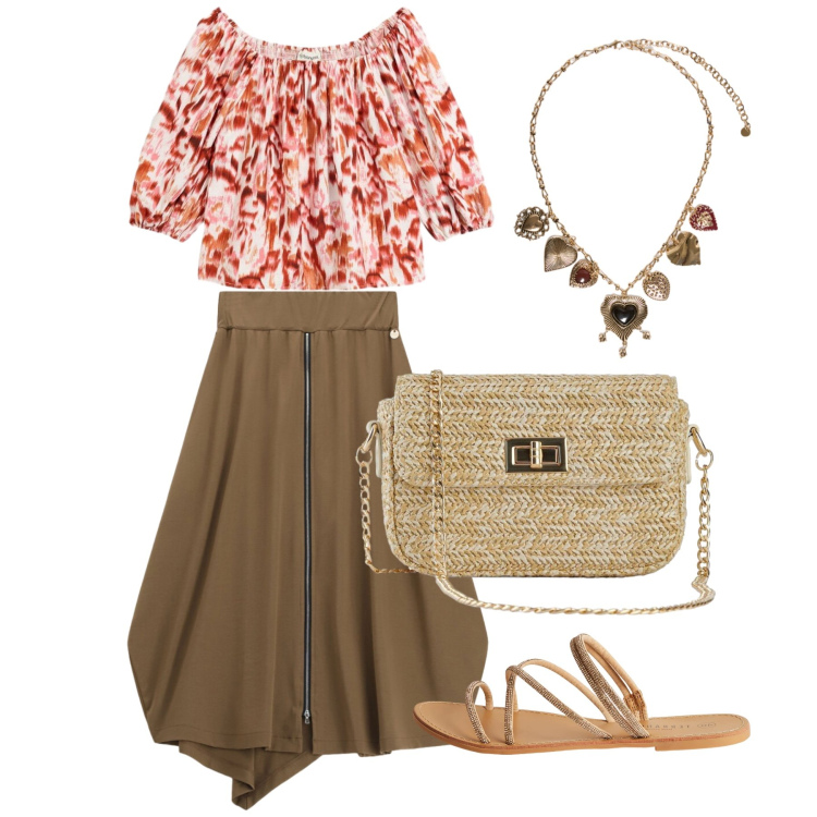 Outfit donna - Luglio. Stile Romantica per Tutti i giorni. Abbinamento con bluse, borse a tracolla, sandali, gonne longuette, collane.