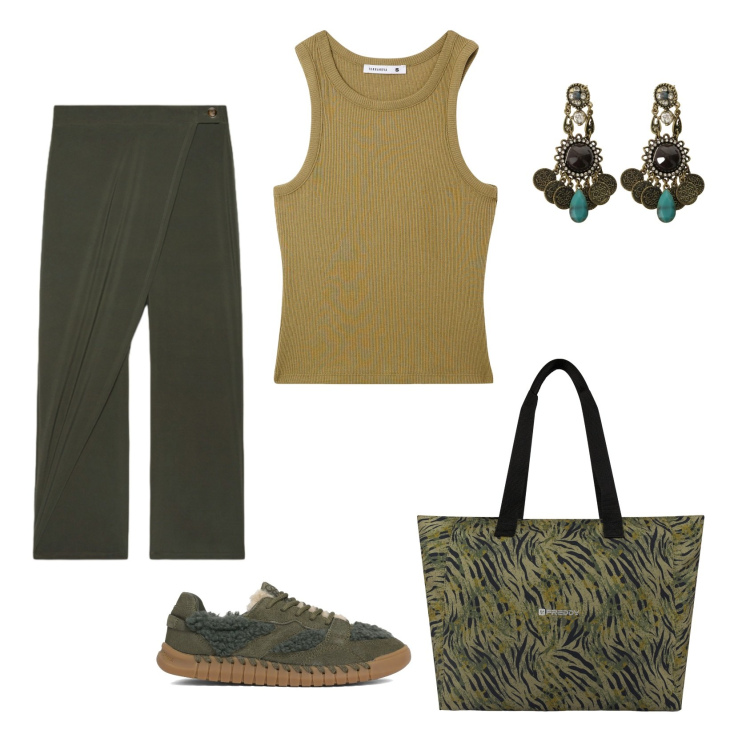 Outfit donna - Total look #2431849. Stile Casual chic per Ufficio. Abbinamento con top, orecchini, pantaloni, shopping bag, sneakers.