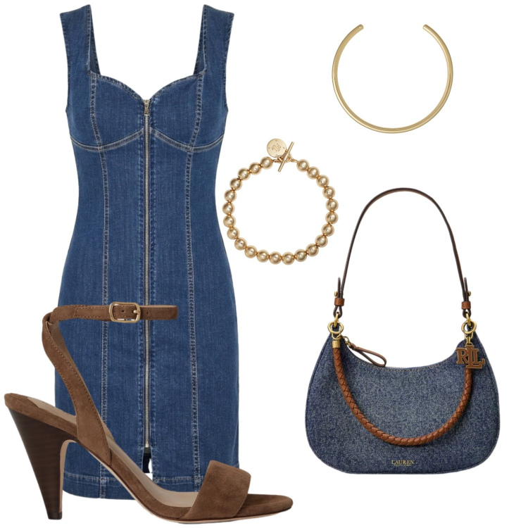 Outfit donna - Denim lover. Stile Rock per Tutti i giorni. Abbinamento con vestiti corti, braccialetti, borse a spalla, collane, sandali in pelle.