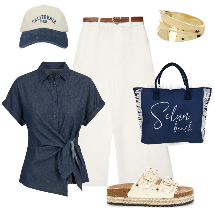 Outfit donna - Non solo mare.... Stile Trendy per Tutti i giorni. Abbinamento con pantaloni a palazzo, cappelli con visiera, braccialetti, camicie a manica corta, ciabatte, shopping bag.