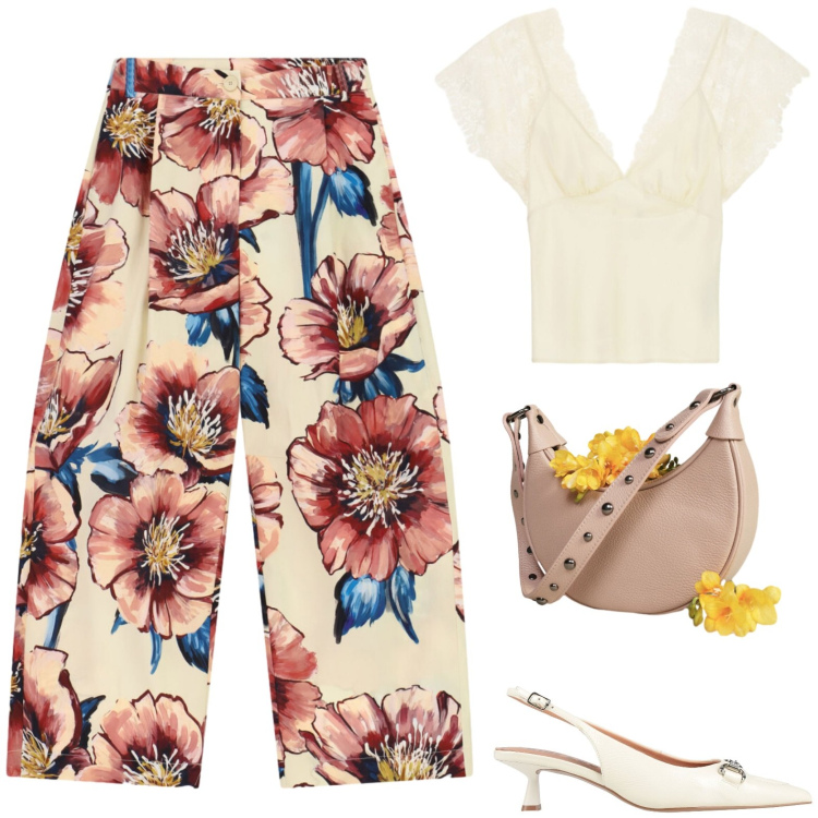 Outfit donna - Bold pattern. Stile Glamour per Tutti i giorni. Abbinamento con décolleté, pantaloni a palazzo, canottiere, borse a spalla.