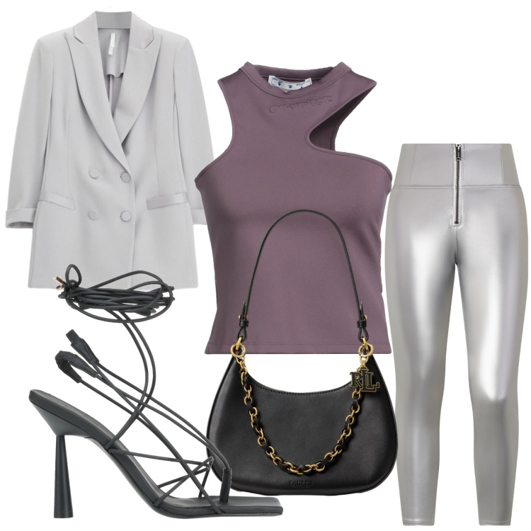Outfit donna - Stile moderno. Stile Casual per Serata fuori. Abbinamento con top, ciabatte, blazer, pantaloni skinny, borse a spalla.