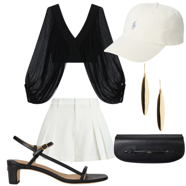 Outfit donna - Minipantalone raffinato. Stile Casual per Serata fuori. Abbinamento con top, clutch, minigonne, sandali in pelle, orecchini, cappelli con visiera.
