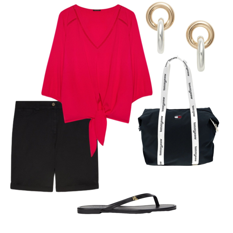 Outfit donna - Lungomare. per Mare. Abbinamento con bluse, bermuda, orecchini, ciabatte, shopping bag.