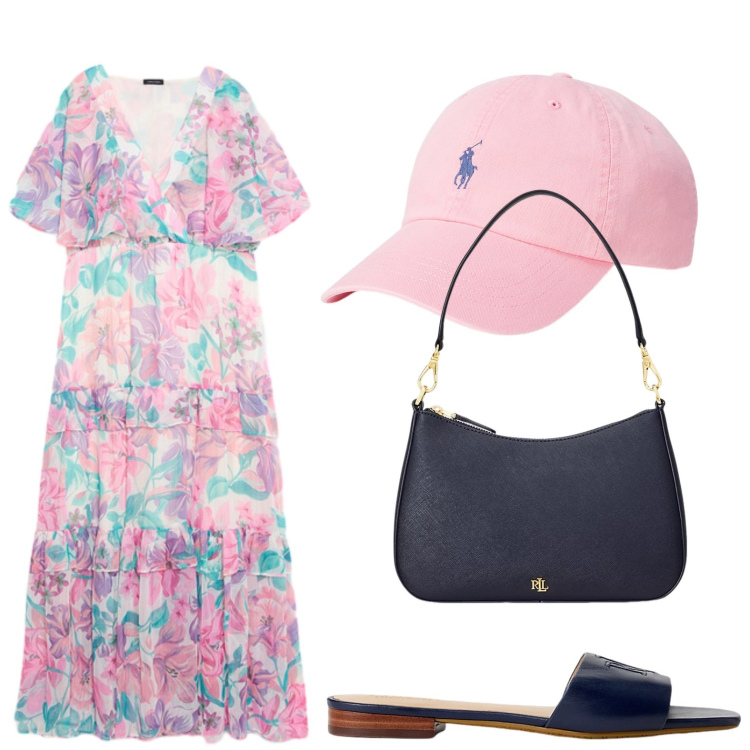 Outfit donna - Fresco fantasia. Stile Boho per Tutti i giorni. Abbinamento con vestiti lunghi, borse a spalla, cappelli con visiera, ciabatte.