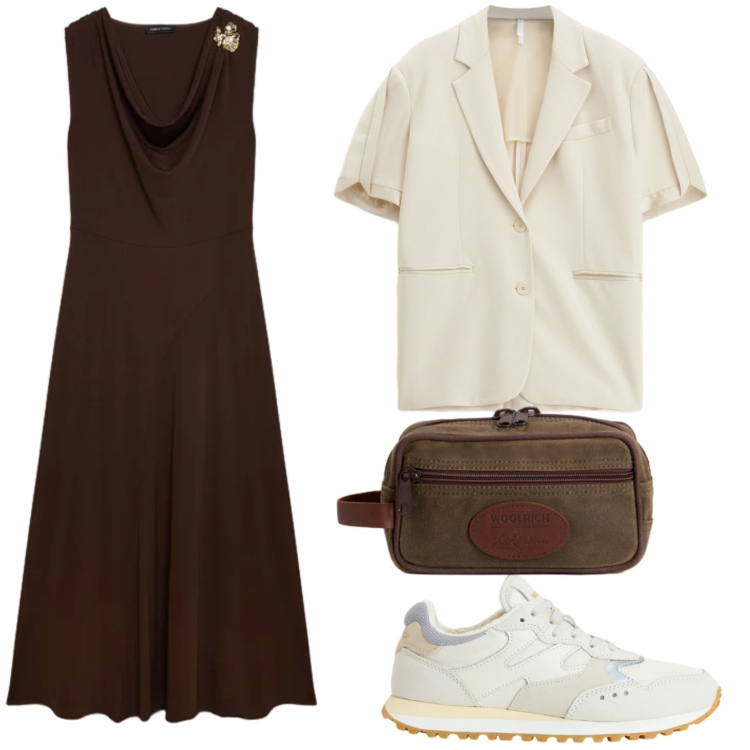 Outfit donna - Glam style. Stile Glamour per Tutti i giorni. Abbinamento con blazer, vestiti lunghi, valigie, sneakers.