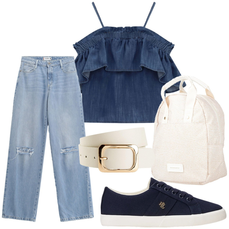 Outfit donna - Top con rouches. Stile Bon Ton per Tutti i giorni. Abbinamento con zaini, cinture, jeans strappati, top, sneakers.