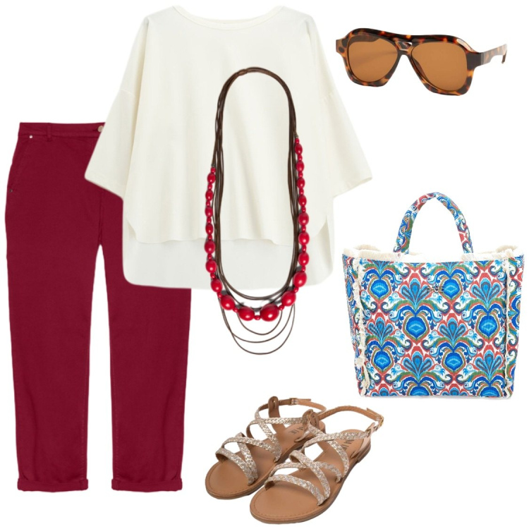 Outfit donna - In ufficio a luglio. Stile Urban per Ufficio. Abbinamento con bluse, pantaloni chino, collane, sandali in pelle, occhiali da sole, shopping bag.