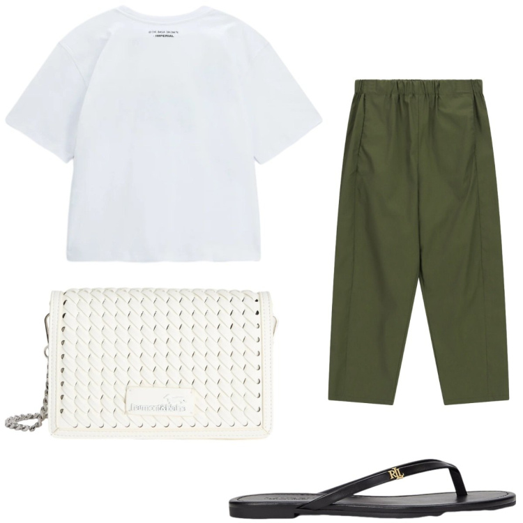 Outfit donna - Italian Summer Imperial. Stile Basic per Tutti i giorni. Abbinamento con borse a tracolla, ciabatte, t-shirt, pantaloni.