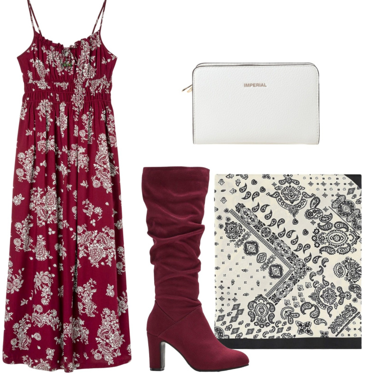 Outfit donna - Silhouette fluida. Stile Basic per Tutti i giorni. Abbinamento con stivali, vestiti lunghi, borse a tracolla, foulard.