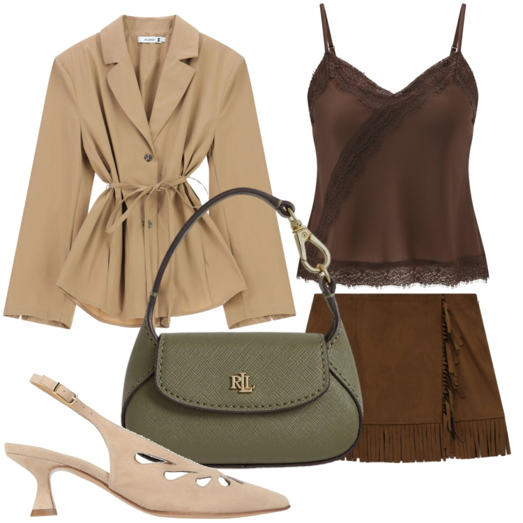 Outfit donna - Allure contemporanea. Stile Casual per Ufficio. Abbinamento con décolleté, top, minigonne, blazer, borse a mano.