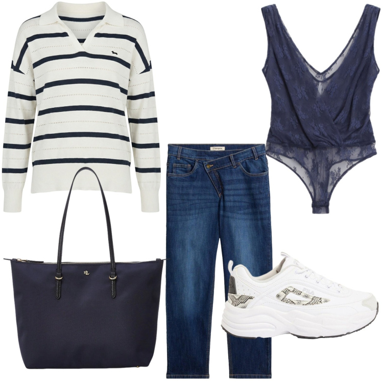 Outfit donna - Gioco di righe. Stile Casual per Scuola/Università. Abbinamento con sneakers, jeans mom, top, maglieria, borse tote.
