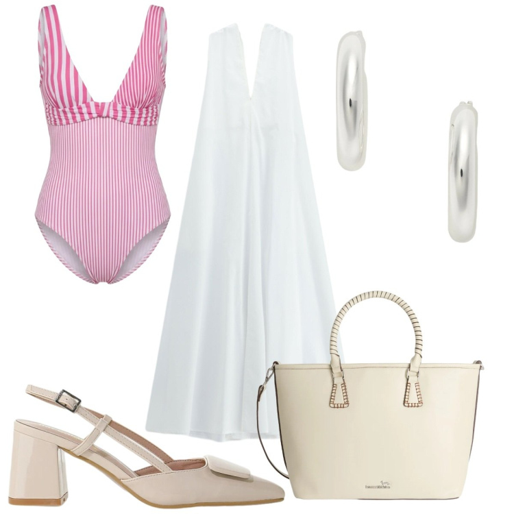 Outfit donna - Italian Summer: candida. Stile Trendy per Mare. Abbinamento con costumi interi, shopping bag, vestiti midi/longuette, décolleté, orecchini.