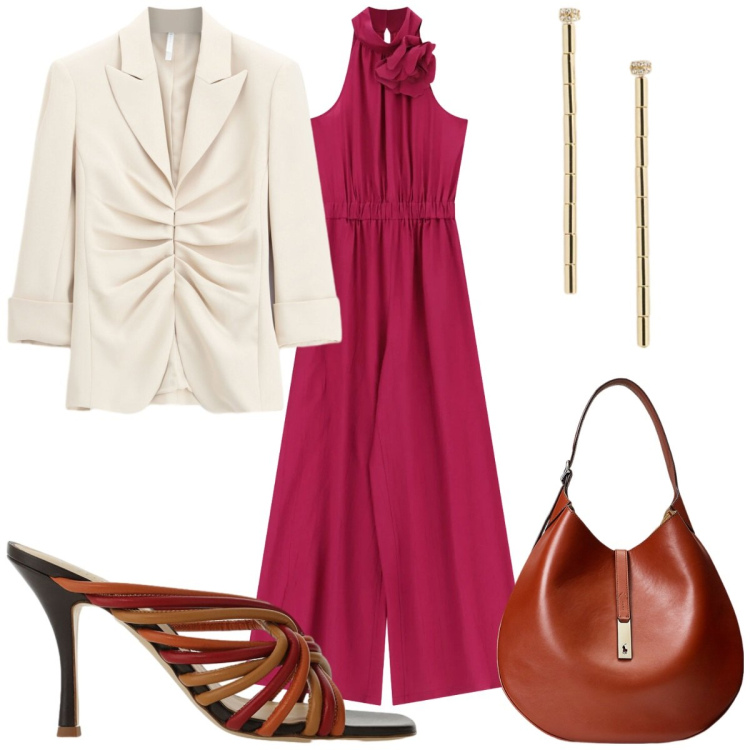 Outfit donna - Italian Summer:70s. Stile 70s per Tutti i giorni. Abbinamento con blazer, tute, sandali, borse a spalla, orecchini.