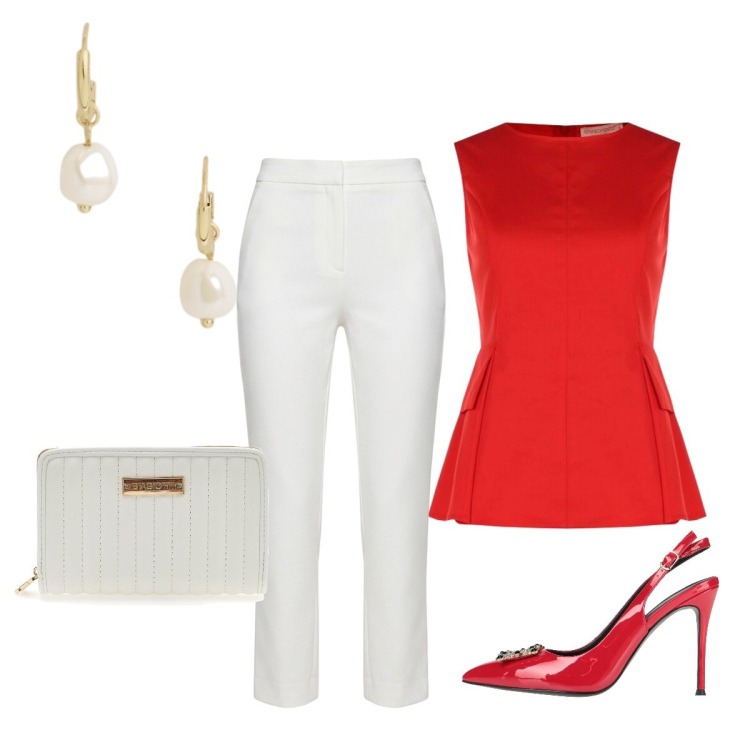 Outfit donna - Top taglio aderente, colore audace. Stile Chic per Cerimonia. Abbinamento con décolleté, orecchini, canottiere, pantaloni, portafogli.