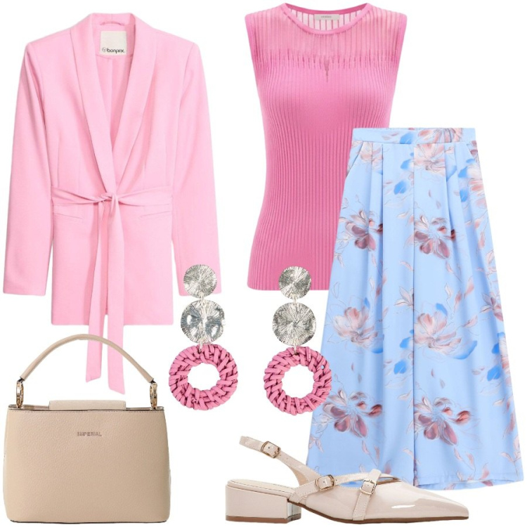 Outfit donna - Total look #2431929. Stile Chic per Cerimonia. Abbinamento con décolleté, blazer, orecchini, top, pantaloni a palazzo, borse a secchiello.