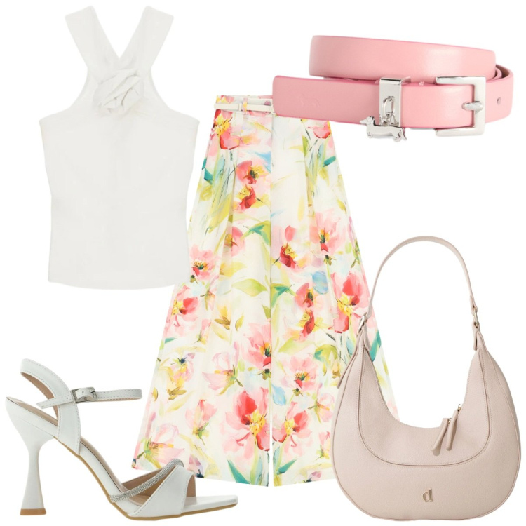 Outfit donna - Italian Summer romantica. Stile Romantica per Tutti i giorni. Abbinamento con cinture, borse a tracolla, pantaloni a palazzo, sandali gioiello, canottiere.
