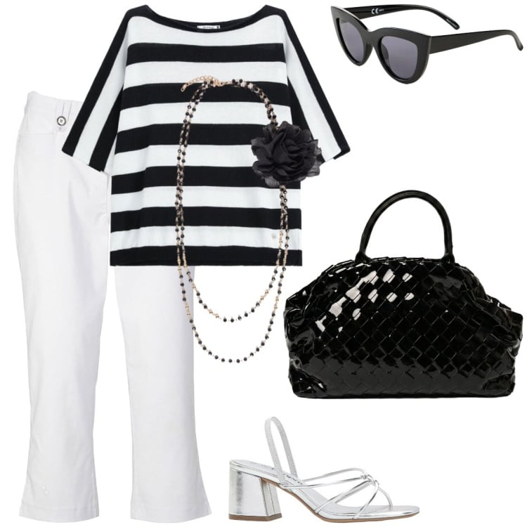 Outfit donna - Maxi bag. Stile Urban per Ufficio. Abbinamento con pantaloni capri, occhiali da sole, sandali col tacco, collane, top, borse a mano.