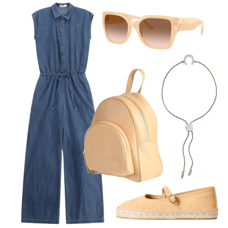 Outfit donna - La tuta denim. Stile Trendy per Tutti i giorni. Abbinamento con zaini, tute, occhiali da sole, braccialetti con ciondoli, espadrillas.