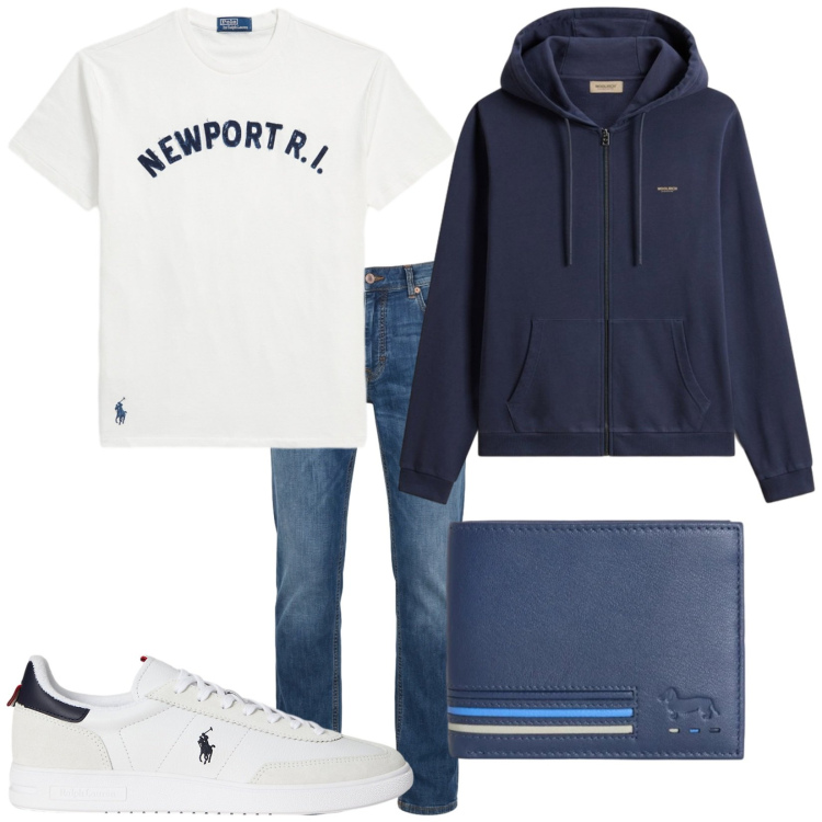 Outfit uomo - Total look #2431945. Stile Casual per Tutti i giorni. Abbinamento con portafogli, jeans, felpe con cappuccio, sneakers, t-shirt.