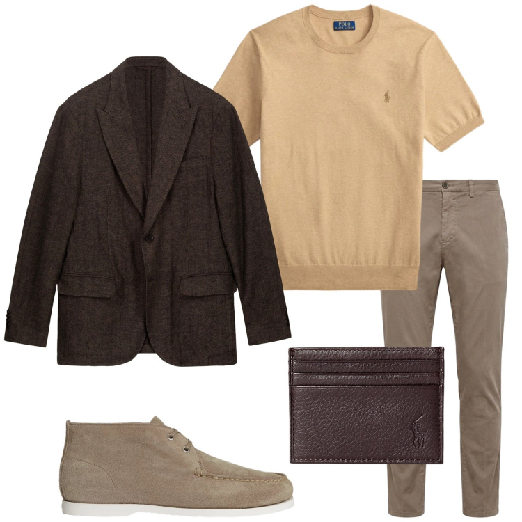 Outfit uomo - Lino e cotone. Stile Trendy per Mare. Abbinamento con pantaloni chino, portafogli, scarpe stringate, t-shirt, giacche.