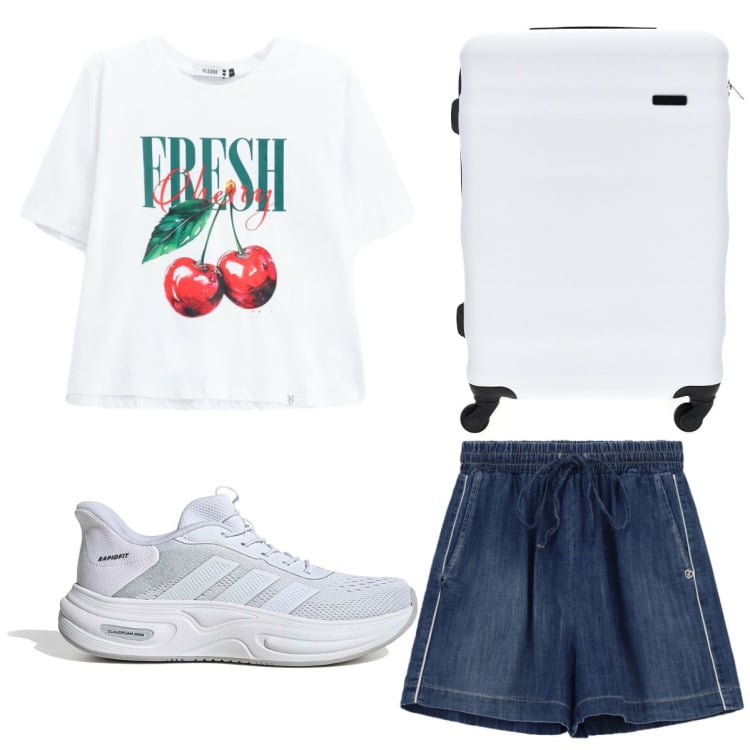 Outfit donna - Please. Stile Casual per Tutti i giorni. Abbinamento con t-shirt, shorts, valigie, sneakers.