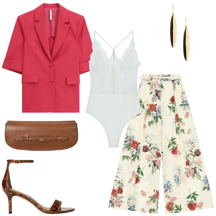 Outfit donna - Imperial: il look giorno/sera. Stile Glamour per Tutti i giorni. Abbinamento con blazer, top, pantaloni a palazzo, clutch, sandali in pelle, orecchini.