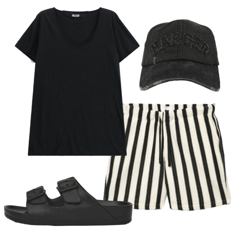 Outfit uomo - Total look #2431965. Stile Casual per Tutti i giorni. Abbinamento con cappelli con visiera, sandali, pantaloni corti, t-shirt.