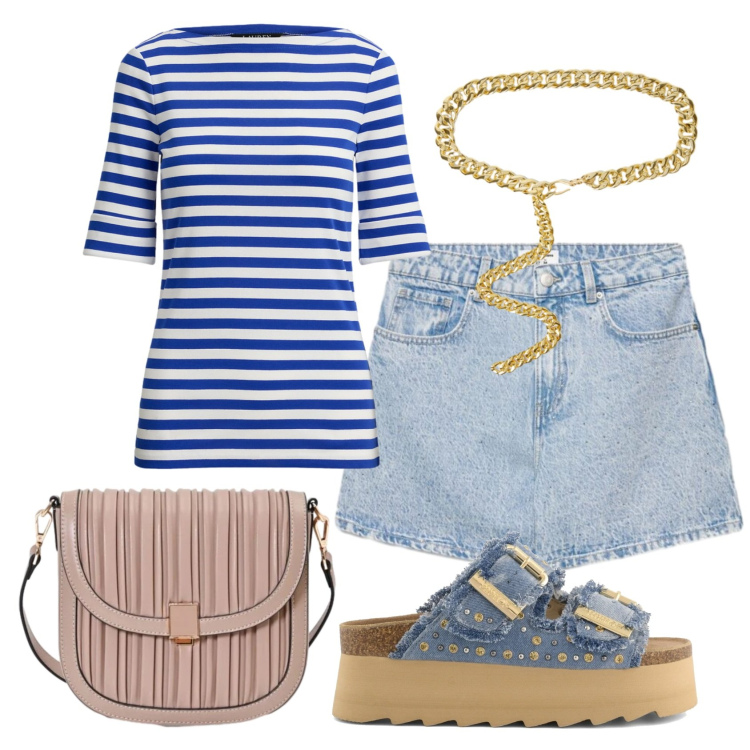 Outfit donna - Total look #2431972. Stile Basic per Tutti i giorni. Abbinamento con shorts, borse a tracolla, cinture, t-shirt, zeppe.