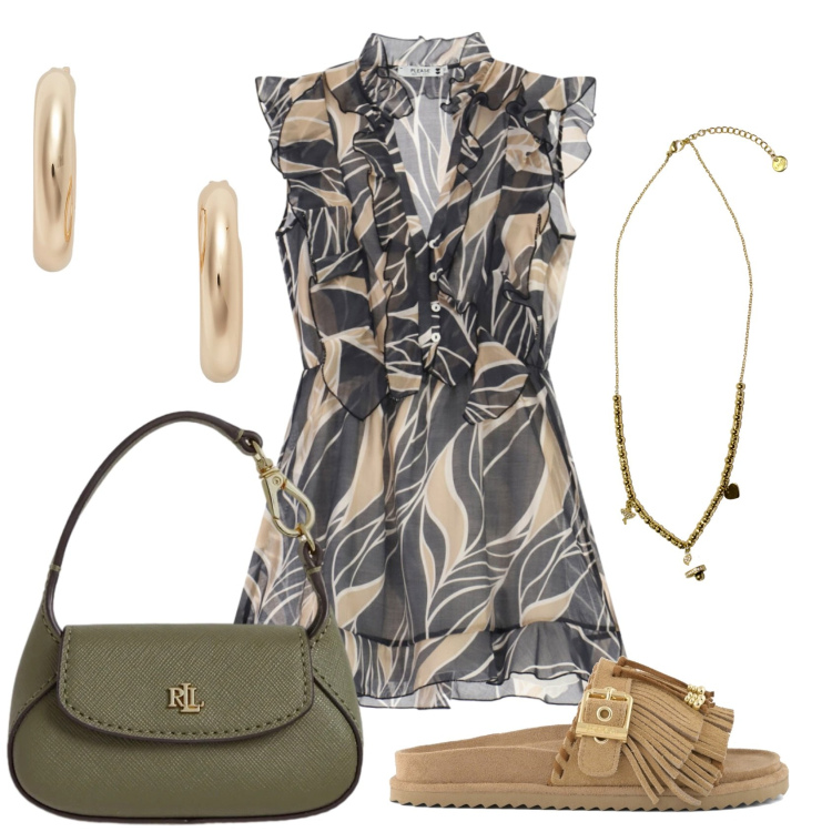 Outfit donna - Total look #2431975. Stile Casual chic per Tutti i giorni. Abbinamento con vestiti corti, ciondoli, orecchini, borse a mano, sandali in pelle.