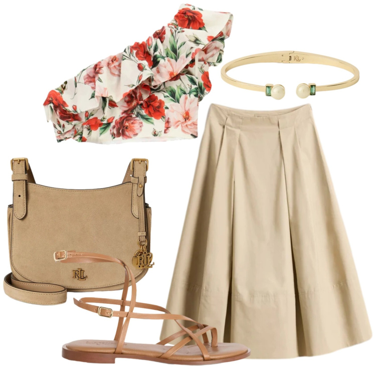 Outfit donna - Total look #2431985. Stile Romantica per Tutti i giorni. Abbinamento con sandali in pelle, top, borse a tracolla, braccialetti, gonne lunghe.