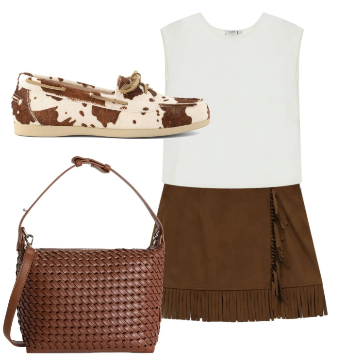 Outfit donna - Total look #2431992. Stile Etnico per Tutti i giorni. Abbinamento con borse a spalla, minigonne, top, mocassini.