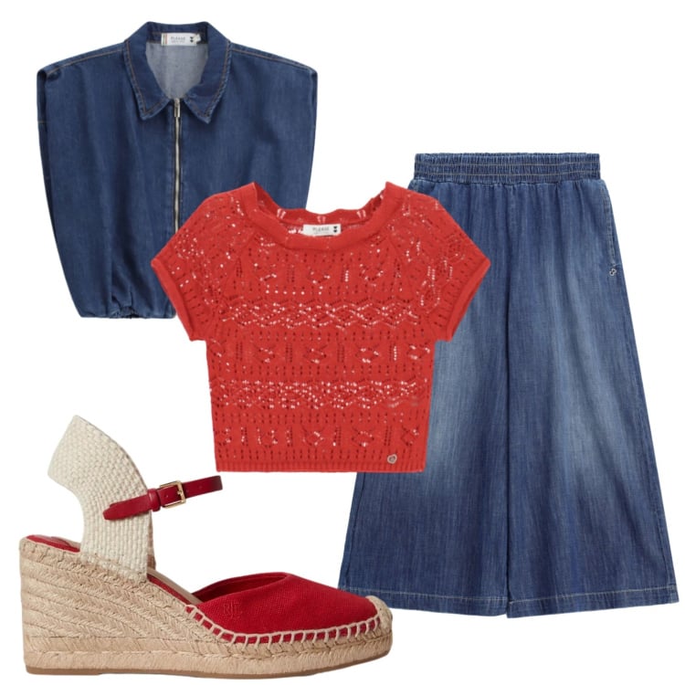 Outfit donna - Total look #2431995. Stile Casual per Tutti i giorni. Abbinamento con jeans, top, gilet, zeppe.